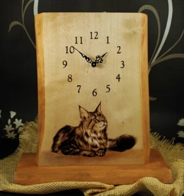 Wooden desk clock cat design handmade handcrafted pyrography home art office 11 - Image 1 of 3