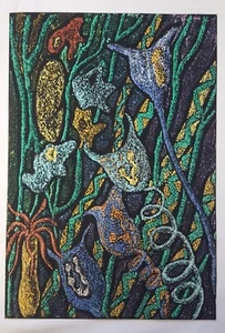 1970's Sgraffito Contemporary Abstract Acrylic Painting On Paper Strange Fruits - Picture 1 of 3