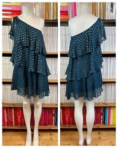 Vestido Coco Ribbon para damas 8 XS seda pura azul dorado lúrex lunares volantes de mer - Imagen 1 de 17