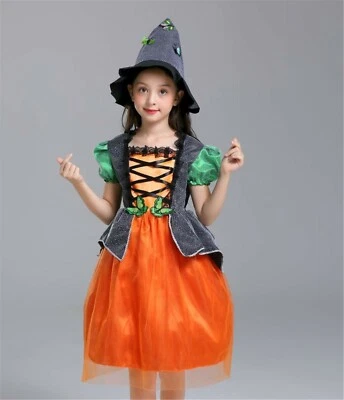Kid Girl Halloween Pumpkin Witches Witchery Hat Party Fancy Costume Dress 3-12Y - Image 1 of 4