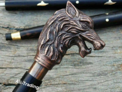Bastón Modelo Lobo Cobre Antiguo De Colección Con Bastón De Madera Negro Regalos Nuevo Foto 1 de 4
