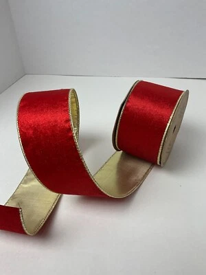 Red Wired Velvet Ribbon with Gold Lame Backing   2 1/2 Inches Wide 10 Yd Spool - Image 1 of 3
