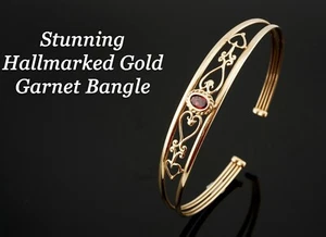 Stunning 9ct Yellow Gold Openwork Hearts Design With Garnet Centre Torque Bangle - Picture 1 of 4