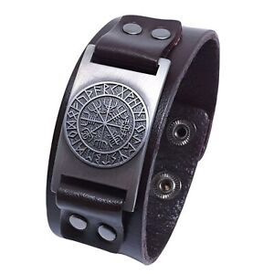 Viking Vegvisir Bracelet Leather Cuff Adjustable Wayfinder Compass Rune Sigil
