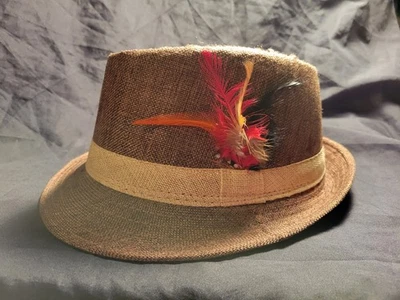 Fedora de cáñamo tejido Cattani 58 cm. Plumas marrón tostado vintage unisex Foto 1 de 4