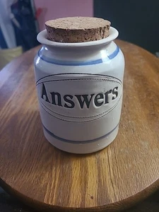 Vintage 1991 Dr. Brophy's Word Jar "Answers" Hand Thrown Pottery White/Blue - Bild 1 von 4