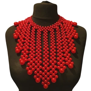 Red Faux Pearl Beaded Necklace Statement Chunky Big Large Oversized Bold Tassel - Picture 1 of 15