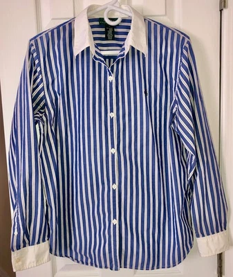 Lauren Ralph Lauren Oxford Button-Up Striped Shirt in Blue & White, Size Large - Image 1 of 4