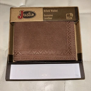 Justin Men's Wallet Bifold Brown Suede Leather Roughout RFID Western Aztec NEW - Picture 1 of 6