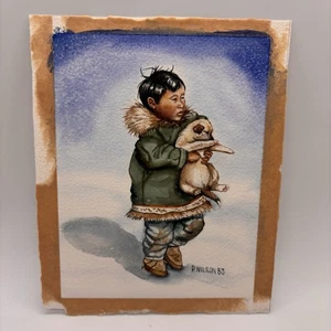 Inuit Junge mit Welpe Aquarell Gemälde Alaska Ureinwohner signiert Peggy Wilson 1983 - Bild 1 von 8
