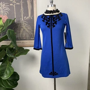 Authentic NICOLE MILLER New York Blue Black Velvet Beaded LS Zip Dress 14 - Picture 1 of 12