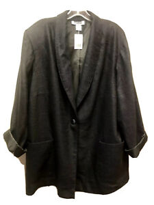 New VTG Maggie Barnes Women Plus 22W Black Linen Blend One Button Blazer Jacket