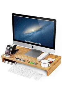 Support de moniteur, pin solide, organisateur de bureau pour ordinateur portable, téléphone portable - Photo 1/3