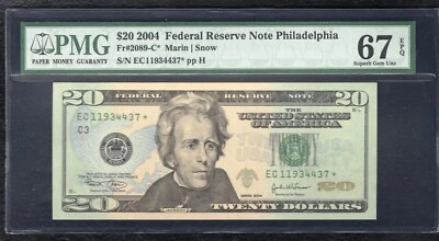 FR. 2089-C* 2004 $20 *STAR* FRN PHILADELPHIA, PA PMG GEM UNCIRCULATED-67EPQ (P) - Image 1 of 2