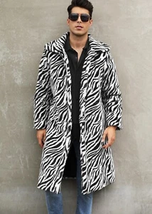 Men's Overcoat Leopard Fashion Winter Faux Fur Jacket Zebra Long Sleeves Jacket - Picture 1 of 23