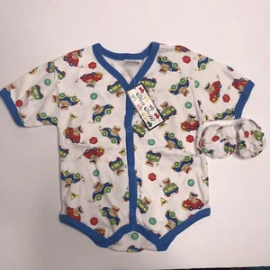 Mon Petit Vintage Old Stock NWT Boys Bodysuit 6/9 Months Mittens Set Cars Bears - Picture 1 of 5