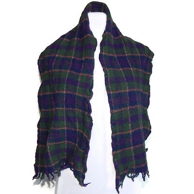 AMICALE 90s Grunge Boho Purple & Green Plaid Neck Scarf Wool Scarve /8485 - Image 1 of 2