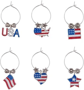USA Wine Charm Set of 6, Patriotic, American Flag, Red White & Blue - Picture 1 of 2