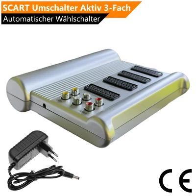 SCART Umschalter 12V Aktiv 3-Fach Automatischer Wählschalter AV RCA Cinch Silber - Bild 1 von 4