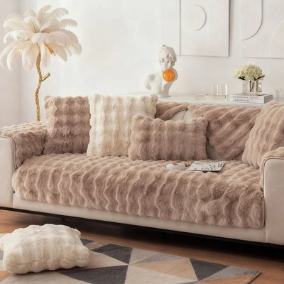 Faux Fur Rabbit Plush Knitted Sofa Cover, Soft Winter Warm Couch Cover for Home - Image 1 of 4