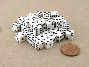 Set of 50 8mm Six-Sided D6 Small Square-Edge Dice - White with Black Pips - Picture 1 of 1
