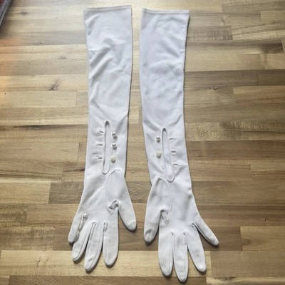 Guantes largos de colección años 60 BLANCOS Grandoe longitud ópera con botones de perlas 100 % nailon Foto 1 de 4