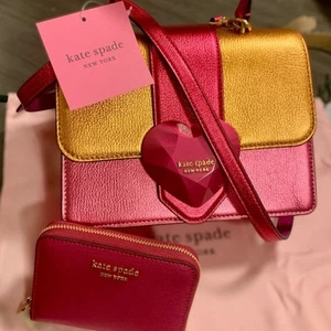 Kate Spade Barbie Pink Heart Metallic Colorblocked MiniTop-Handle Bag Wal… - Picture 1 of 14