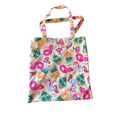 Bolsa tote amarela Dansko unicórnio flamingo abacaxi piscina estampa flutuante - Imagem 1 de 4