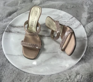 Anne Klein Women's Size 5 1/2 Blush Pink Slip On Sandal Heels Sequins Satiny - Picture 1 of 8