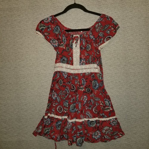 VETEMENTS Abito rosso stampa floreale Knit Works bambina taglia 12 con applicazione pizzo e cravatta in vita