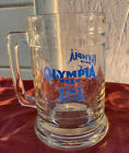 Oympia Beer Heavy Clear Glass Mug Stein Blue Good Luck Horseshoe Logo 5 1/4&quot;