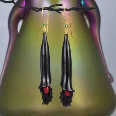 Pendientes Flor Cuerno Negro Coral Rojo Esmeralda Oro Vermeil Plata de Ley 6.52g Foto 1 de 4