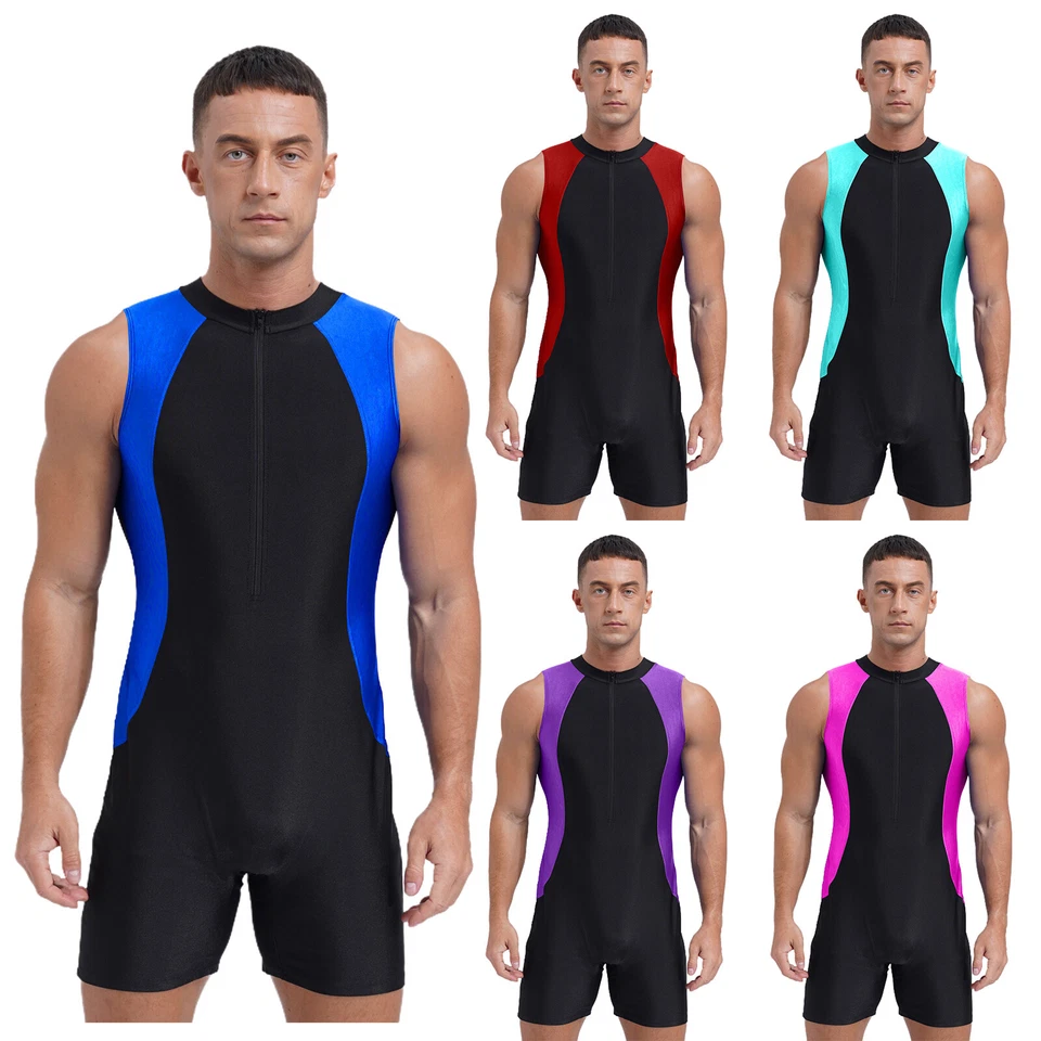 Herren Ärmellos Badeanzug Einteiler Sport Body Kurze Overall Zipper Schwimmanzug - Bild 1 von 3
