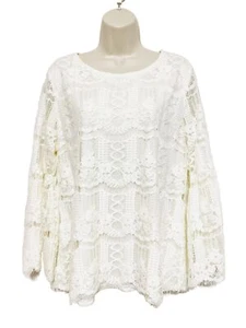 Charter Club Large Top Boho Peasant Ivory Long Bell Sleeve Lace Fringe Lined - Picture 1 of 11