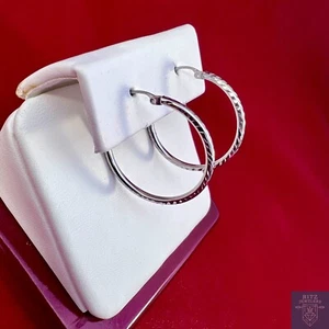 14k White Gold Hoops With Diamond Cut - Picture 1 of 4