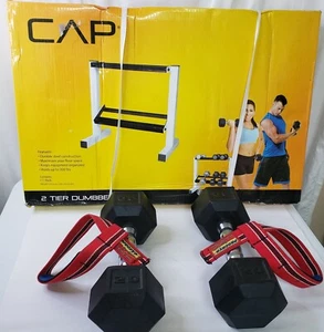 2 Rubber-Coated Hex Dumbbells 20 lb W/ 2 Tier Storage Rack & Wrist Straps EUC - Picture 1 of 7