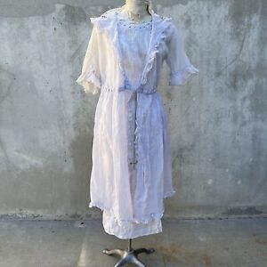 Antique Teens 1920s Cotton Dress two piece Embroidered Flowers Ruffles Vintage
