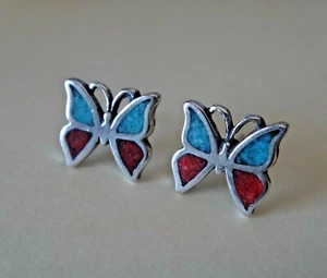 Sterling Silver TINY 7x8mm Red & Blue Stone Inlaid Butterfly Studs Earrings! - Picture 1 of 5