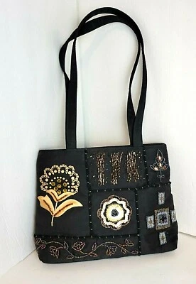 Women's LIZ CLAIBORNE Black Cloth Shoulder Handbag w/Beadwork & Embroidery - NEW - Image 1 of 4