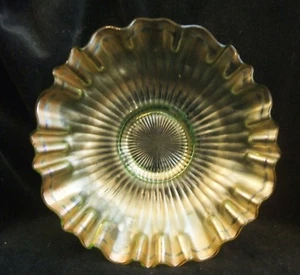 Vintage Fenton grün Karneval Kunst Glas 3 in 1 Rand gekräuselte Strahlen Fuß Schale - Bild 1 von 6