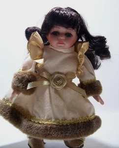 Pretty Brunette Doll Girl in Winter Christmas Gold Dress Brown Fur Trim 8.5" New - Picture 1 of 6
