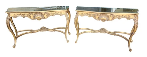 Pair Gilt Carved Wood French Baroque Style Glass Top Console tables, c1960s Cover