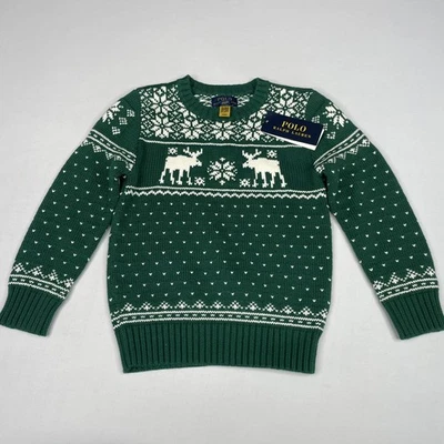 Polo Ralph Lauren Boys Green Reindeer Sweater Size 6 Crew Neck Holiday Knit - Image 1 of 4