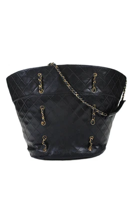 Chanel Womens Leather Quilted Chain Strap Basket Tote Handbag Black - Image 1 of 4