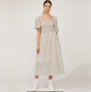 JUST FEMALE Midi Dress Organic Cotton Size 38 Avi Polka Dot Smocked Puff Cottage - Picture 1 of 20