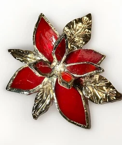Spilla Poinsettia Vintage Brutalista Fatta a Mano Studio Arte Popolare Vetro Staind Rosso Argento - Foto 1 di 23