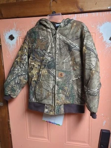 Carhartt RealTree Hooded Jacket Youth Large 14-16 Camo Brown Canvas Duck Hunting - Picture 1 of 8