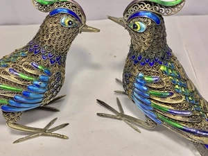 A Pair Antique Chinese Silver Enamel Filigree Pheasant Birds - Picture 1 of 21