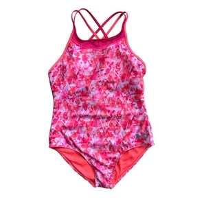 Under Armour Fitted Heat Gear Girls One Piece Pink Criss cross Back Swimsuit 12 - Picture 1 of 5