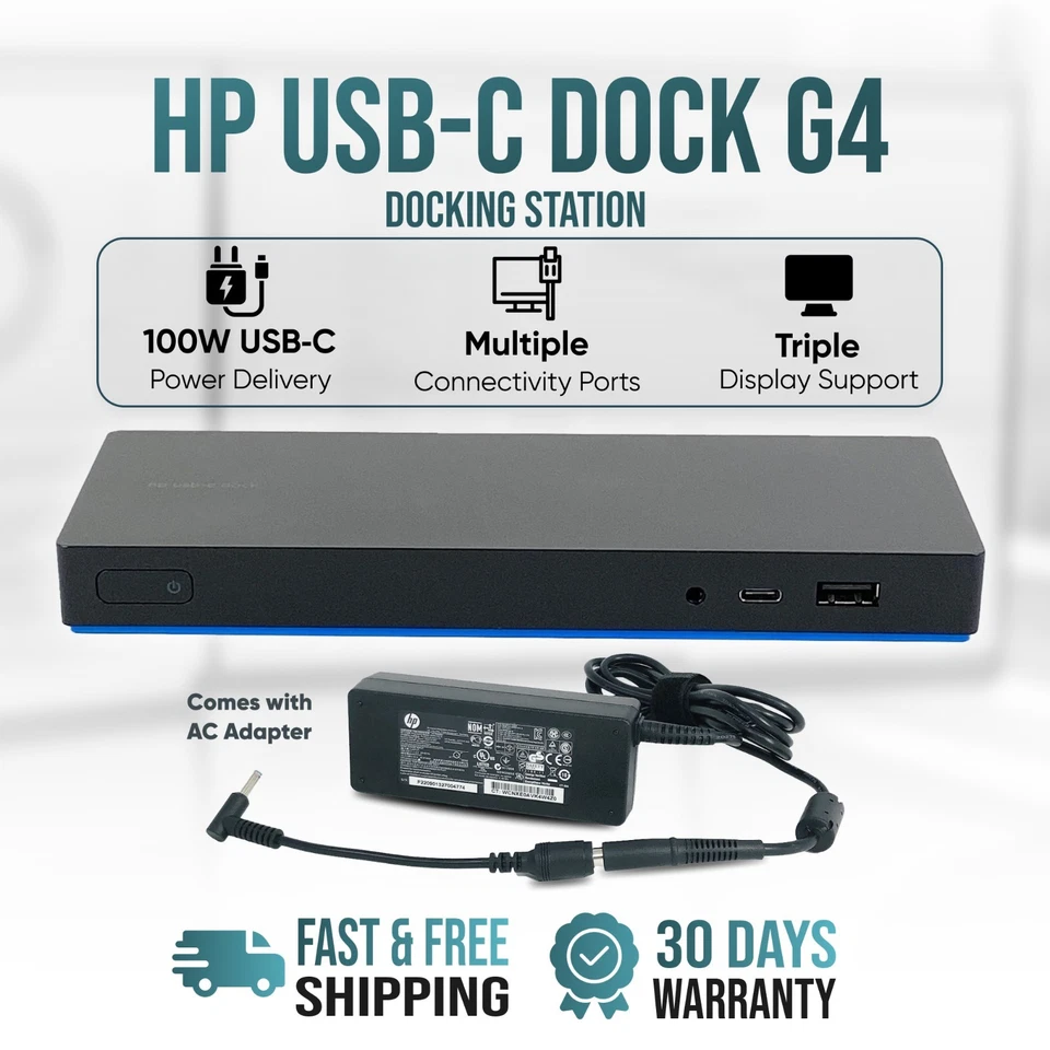 HP USB-C DisplayPort 4K Triple Monitor Dock G4 HSTNH-U601 Docking Station w/AC - Image 1 of 4